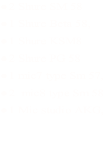 2 Shure SM 58 1 Shure Beta 58,  1 Shure KSM8 2 Shure PG 58 1 mic7 type Sm 57,  2  mic8 type Sm 58 1 Mic studio AKG,